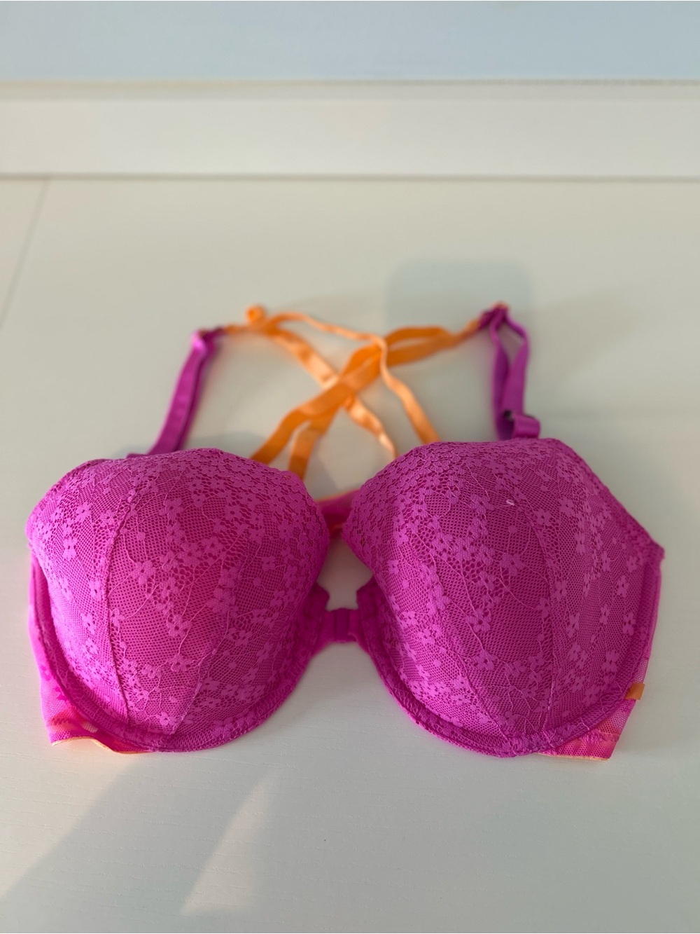 Victoria’s Secret Fuchsia Lace Bra with Orange Straps Size 38D NWT